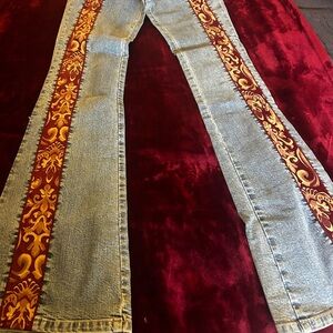 Rare vintage bell bottoms Embroidered Denim Jeans with Red and Gold Accents